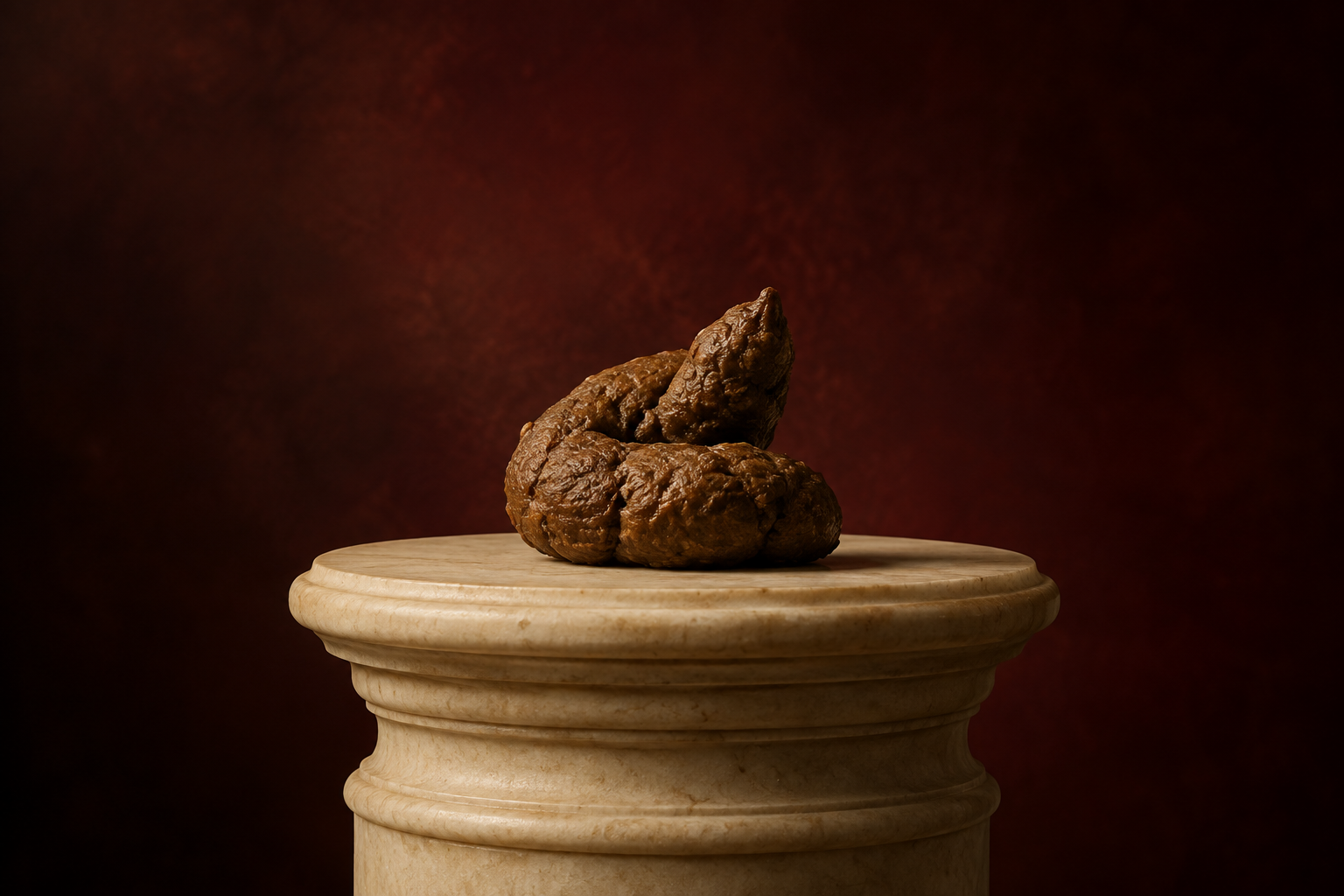 Concept artwork: a dog turd displayed as a sculpture on an ivory stone pedestal